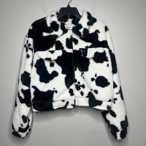 Faux Fur Crop Jacket Women's *L Black White Cow Print Button-Front Western Glam
